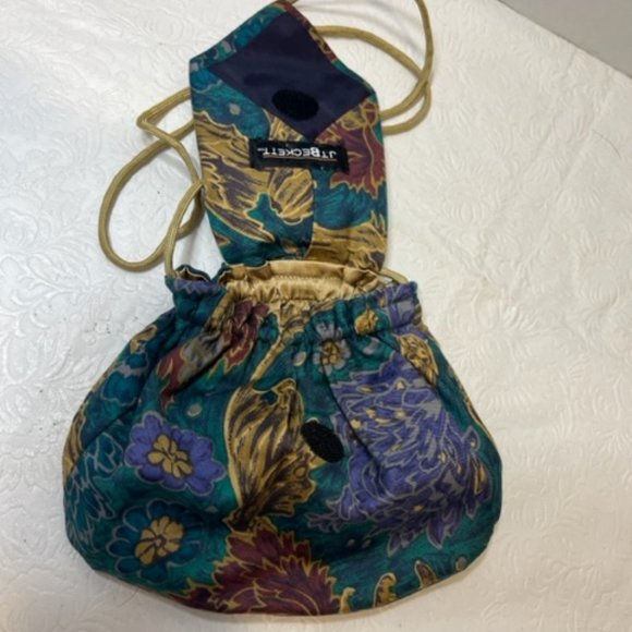 JT Beckett Handmade Tie Crossbody Purse w/Sparkling Blue Brooch Small 7.5"x6" - Picture 6 of 11